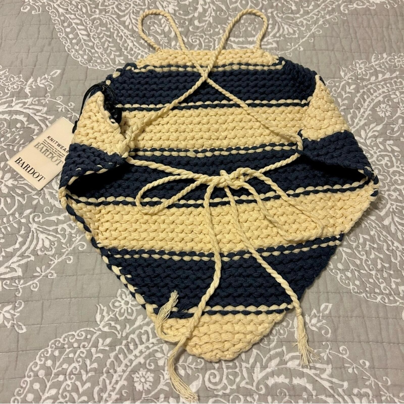 Brand New Bardot Navy Blue & Beige Chunky Striped Knit Backless Halter Top