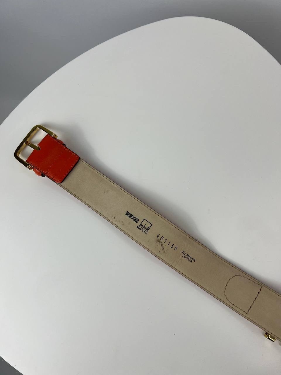 Vintage MOSCHINO Redwall Orange Leather Belt Gold Letter Logo Size 42 Italy Rare