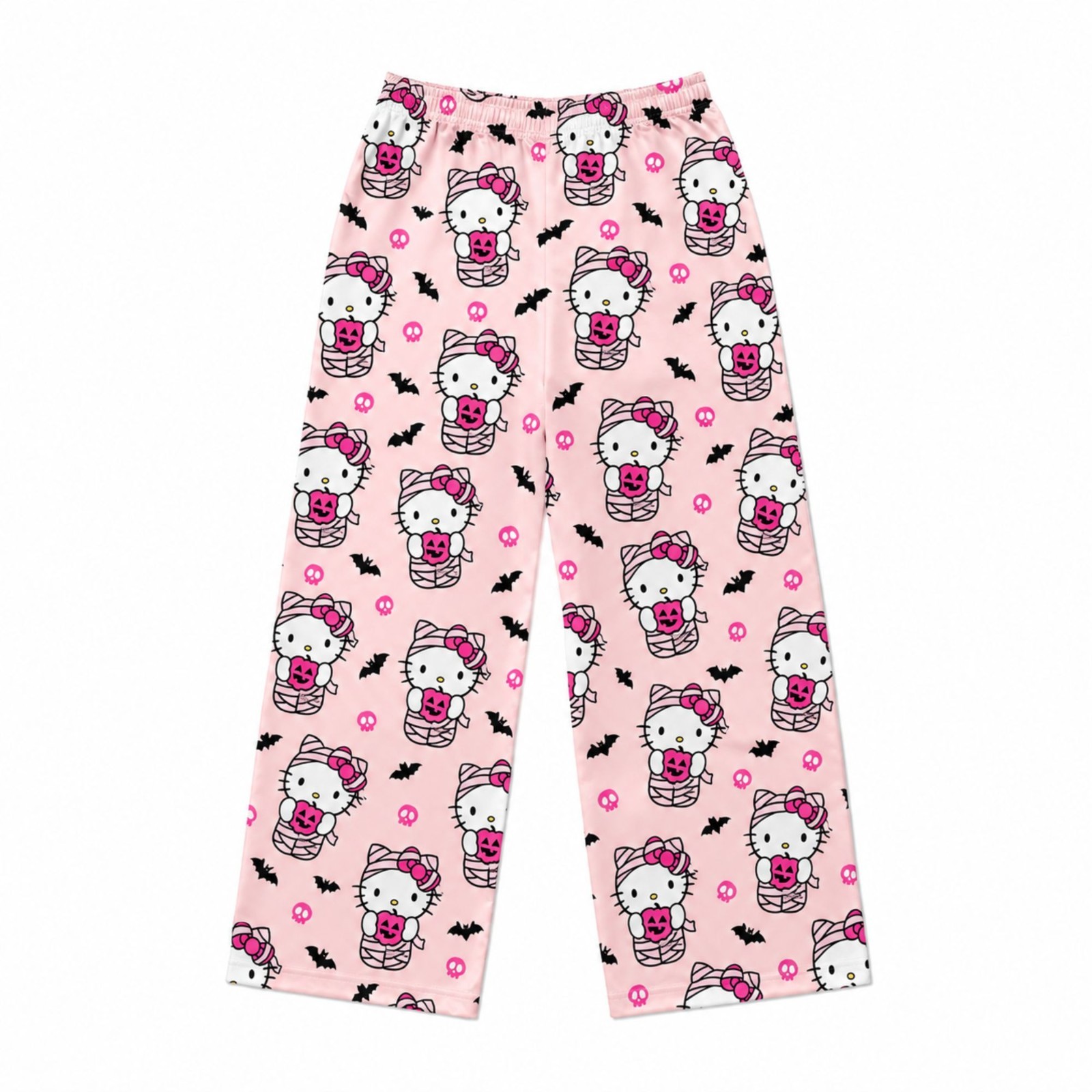 Pink Halloween Satin Pajama Pants Women’s Cute Cat Print Lounge Sleepwear