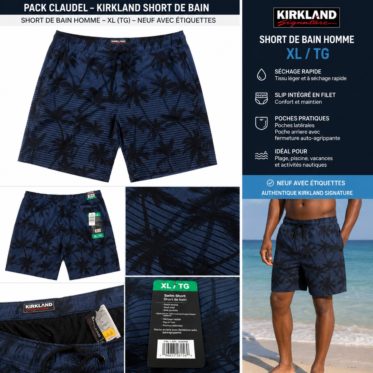 Kirkland Signature Men’s Swim Trunks XL Blue Palm Tree Print New With Tags