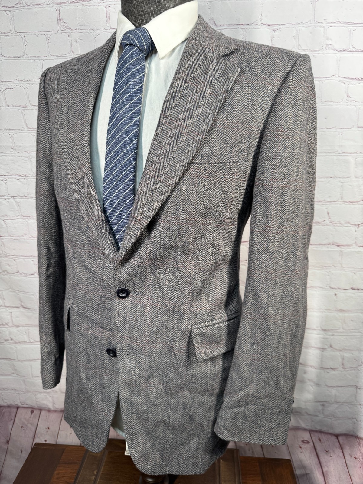 OAKTON LTD. Mens Gray TWEED Wool BLUE-HERRINGBONE Blazer Sport Coat Jacket 40R