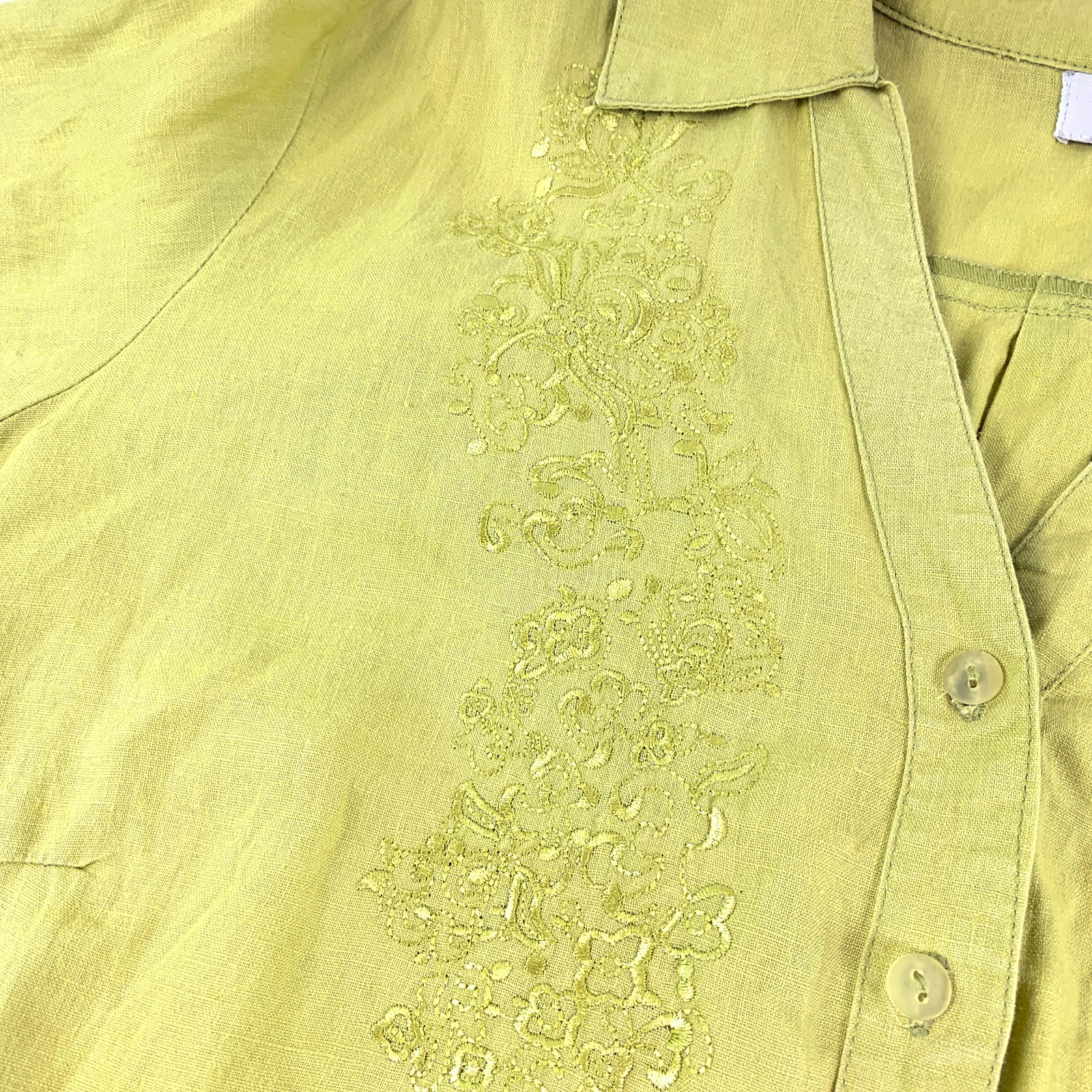 August Silk Options Button Up Blouse Sz 1X 100% Linen Lime Green Embroidered SEE