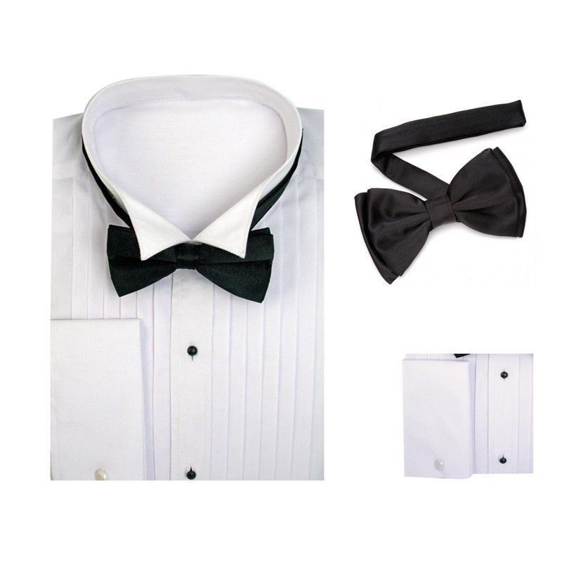 Men’s Tuxedo Dress Shirt Wing Collar with Bow-Tie Set French Cuff Size 15~20