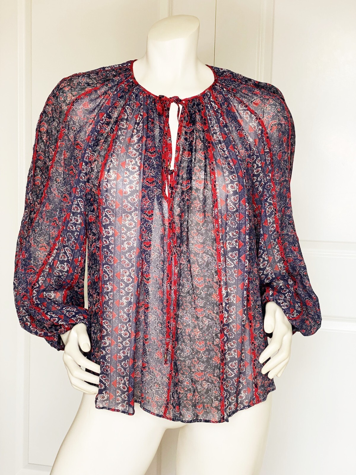 ULLA JOHNSON SILK FLORAL PRINT PEASANT PUFF-SLEEVE TOP BLOUSE SIZE: 8