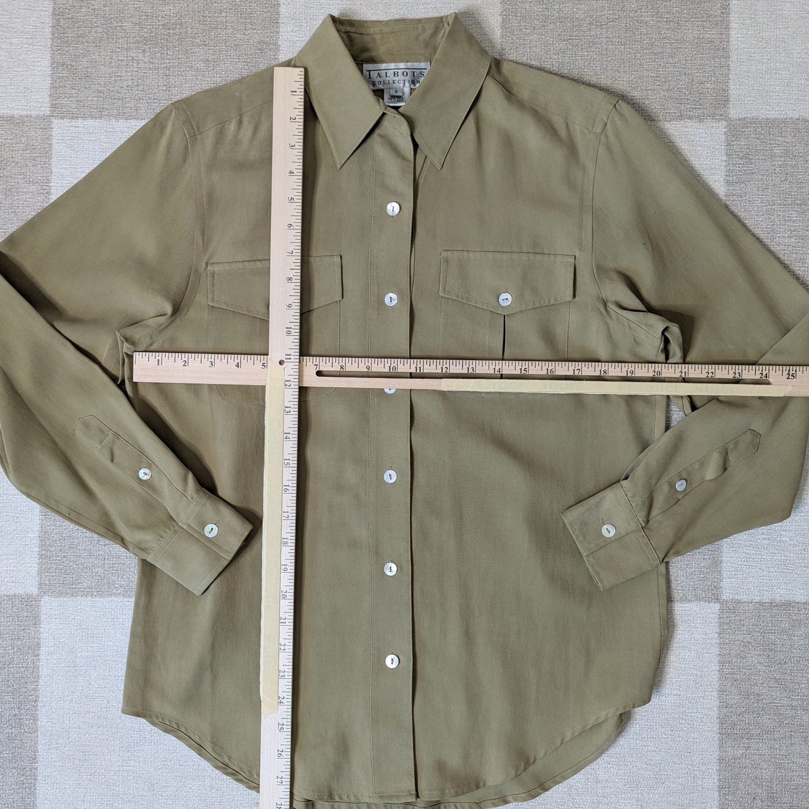 Vintage 90s Talbots 100% Matte Silk Olive Safari Green Button Up Blouse Size 6