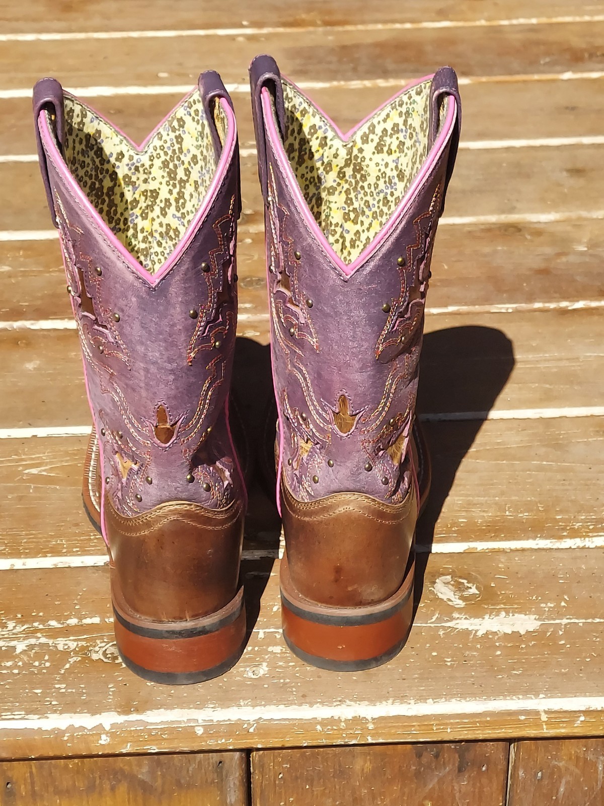 Laredo Boots Womens 8 M Leather Brown Purple Pink Square Toe Studded Western