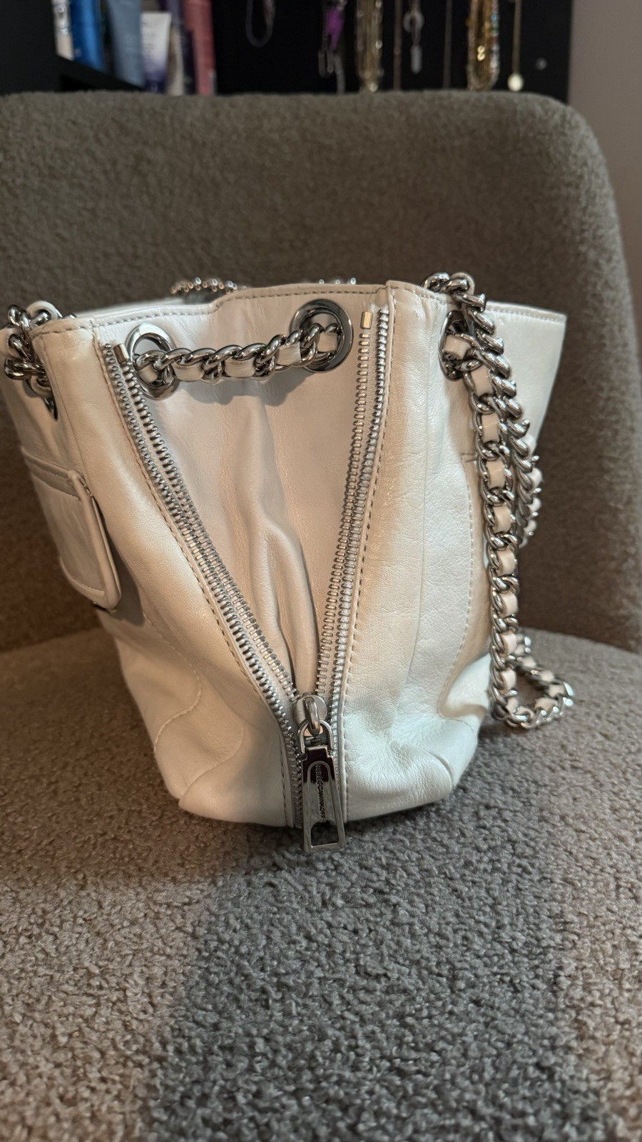Rebecca Minkoff White Shoulder Bag Zip Closure Chain Strap Silver Hardware