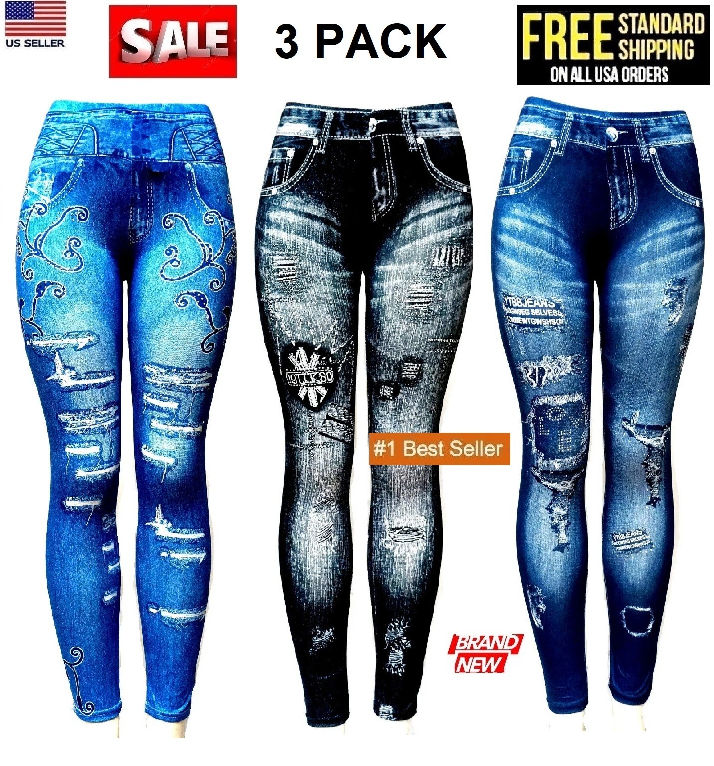 Classic Denim Jean Look Womens High Waisted Soft Leggings-one size Fits M/L