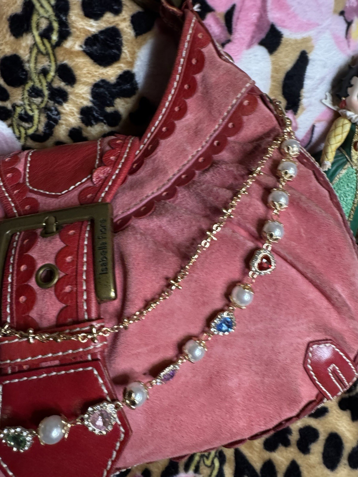 Isabella Fiore Pink/Red Shoulder Bag Top Handle Zip Buckle Beaded Chain Charm