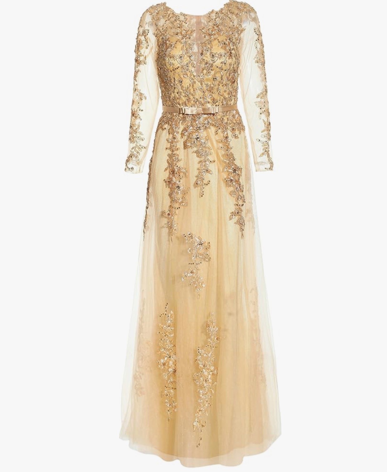 Meier Women’s Gold Illusion Long Sleeve Embroidery Prom Formal Dress Size 18