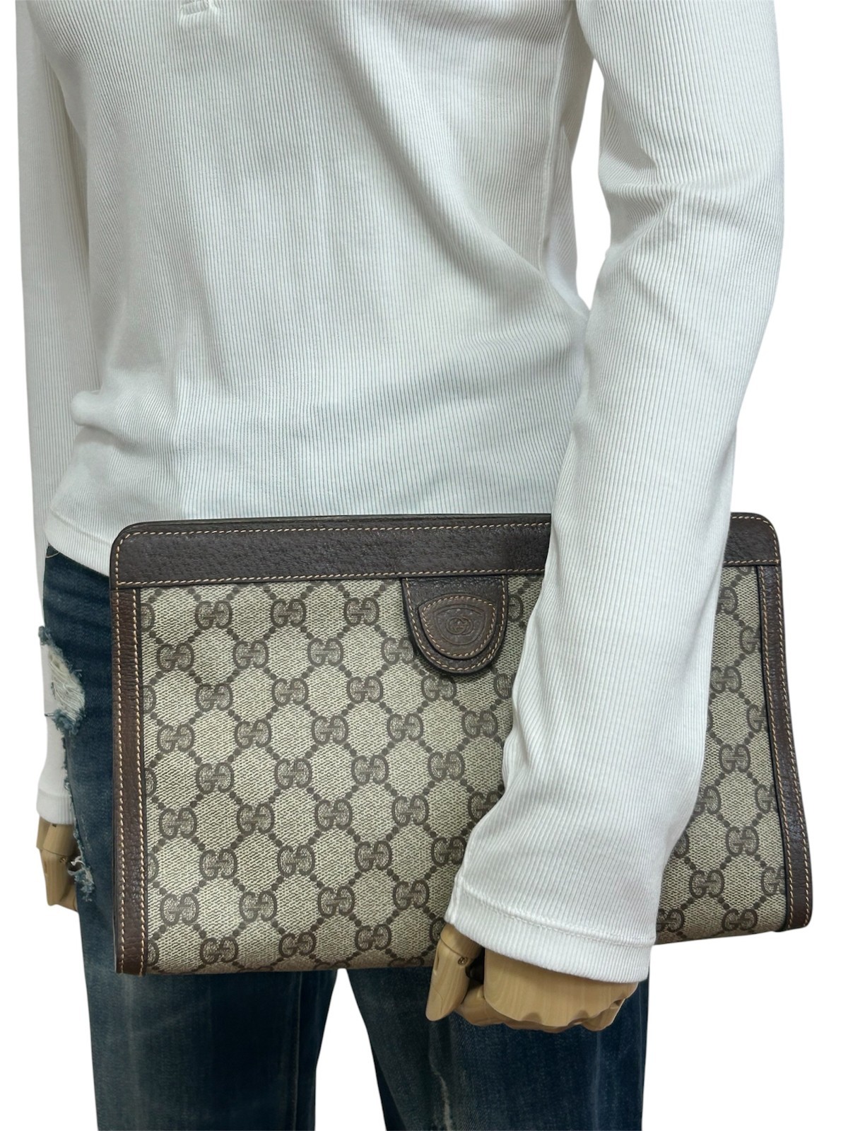 Gucci Clutch Bag GG Supreme Pouch Brown PVC Leather Vintage Authentic