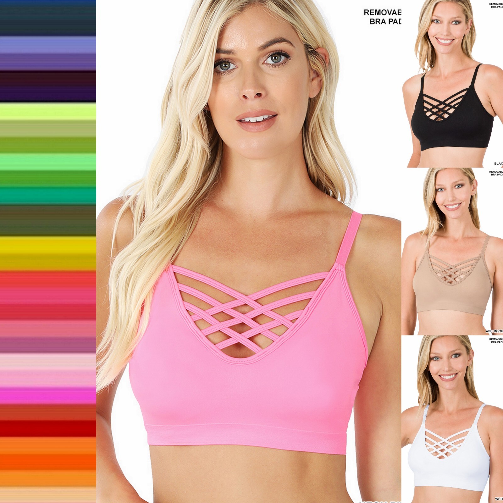 Front V Neck Lattice Bralette Adjustable Straps Removable Bra Pads or No Pads