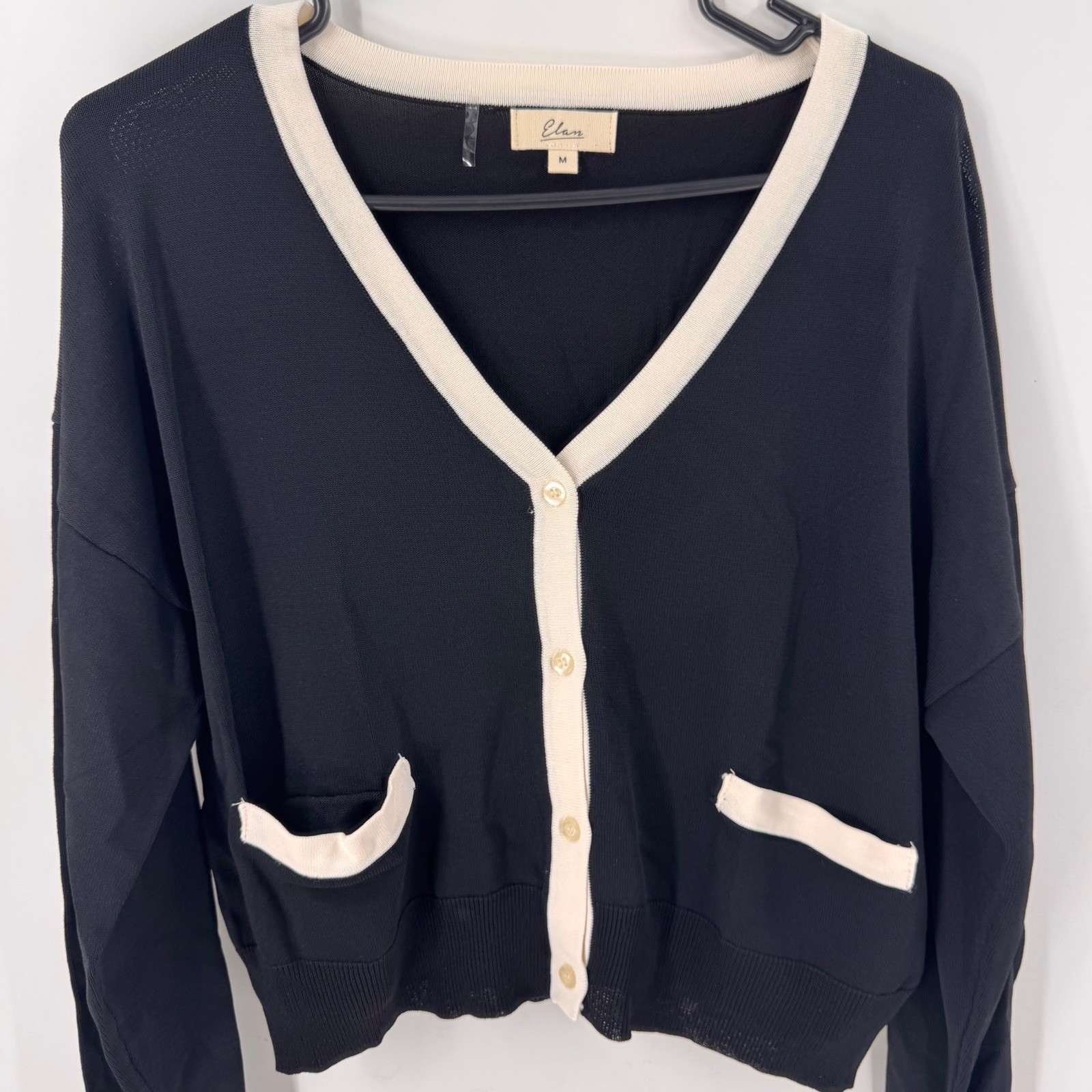 Elan Womens Black Ivory Contrast Trim V-Neck Button Cardigan Sweater Medium