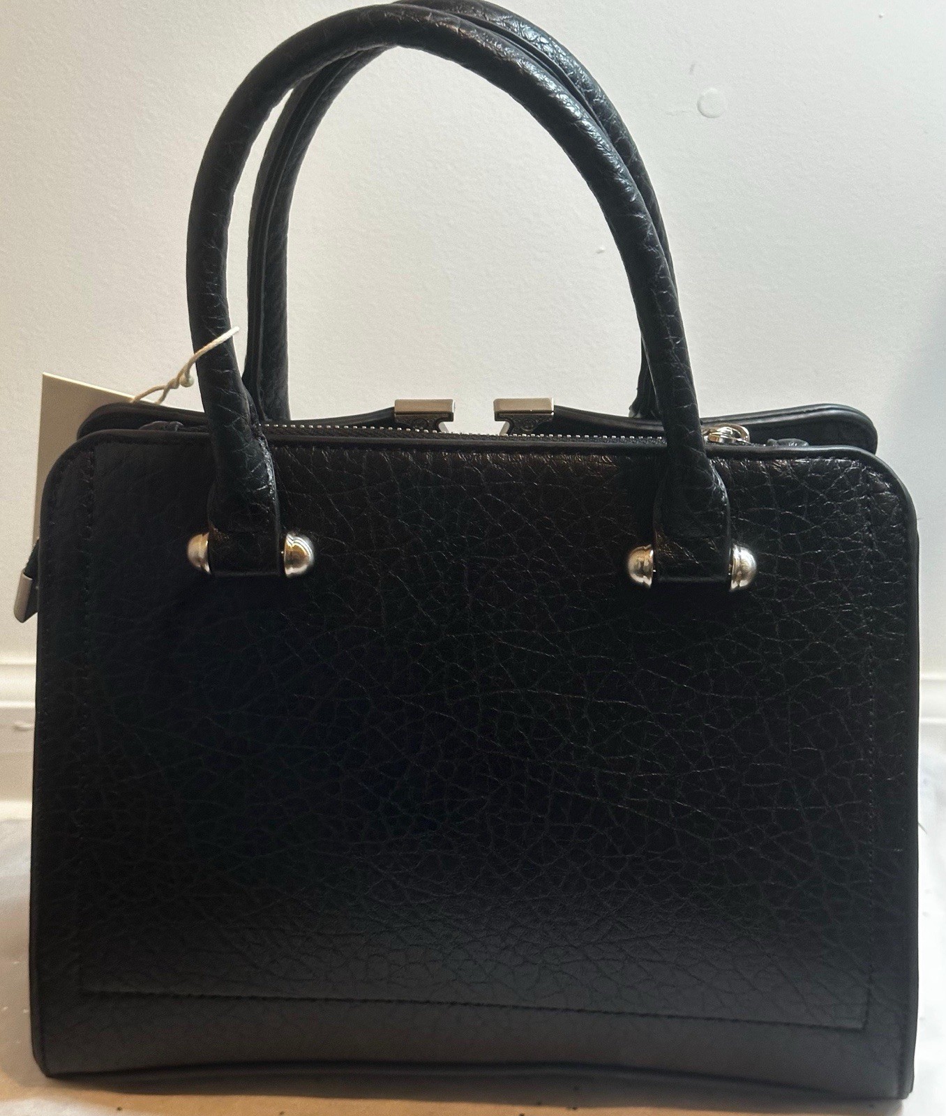 Black Pebbled Satchel Top Handle Bag V Logo Accent Zip Lined Silver HW