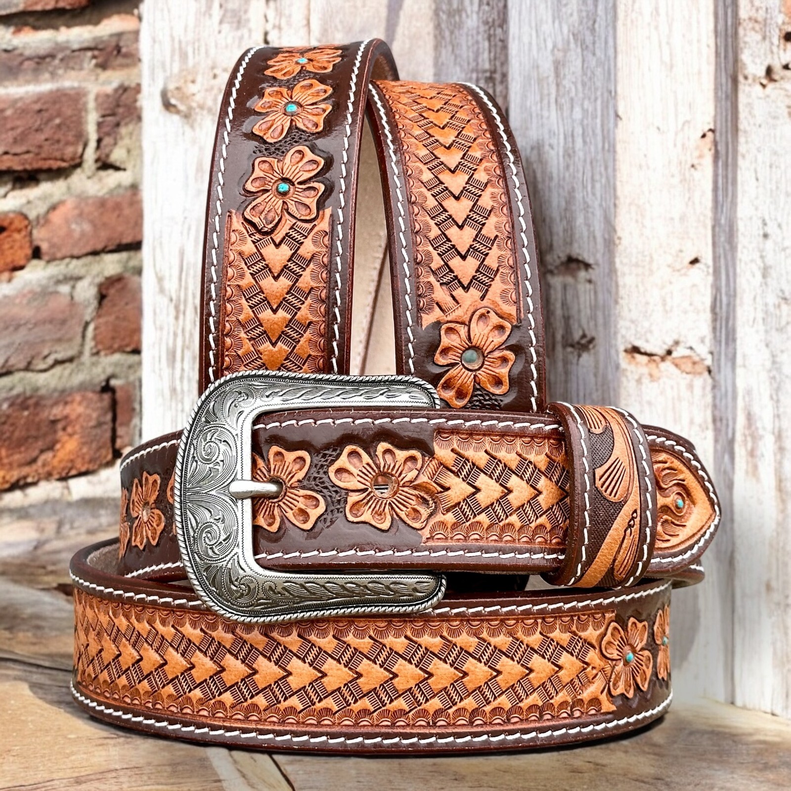 Western Belt For Men Cowboy Full Grain Leather Hand Tooled With Removable Buckle