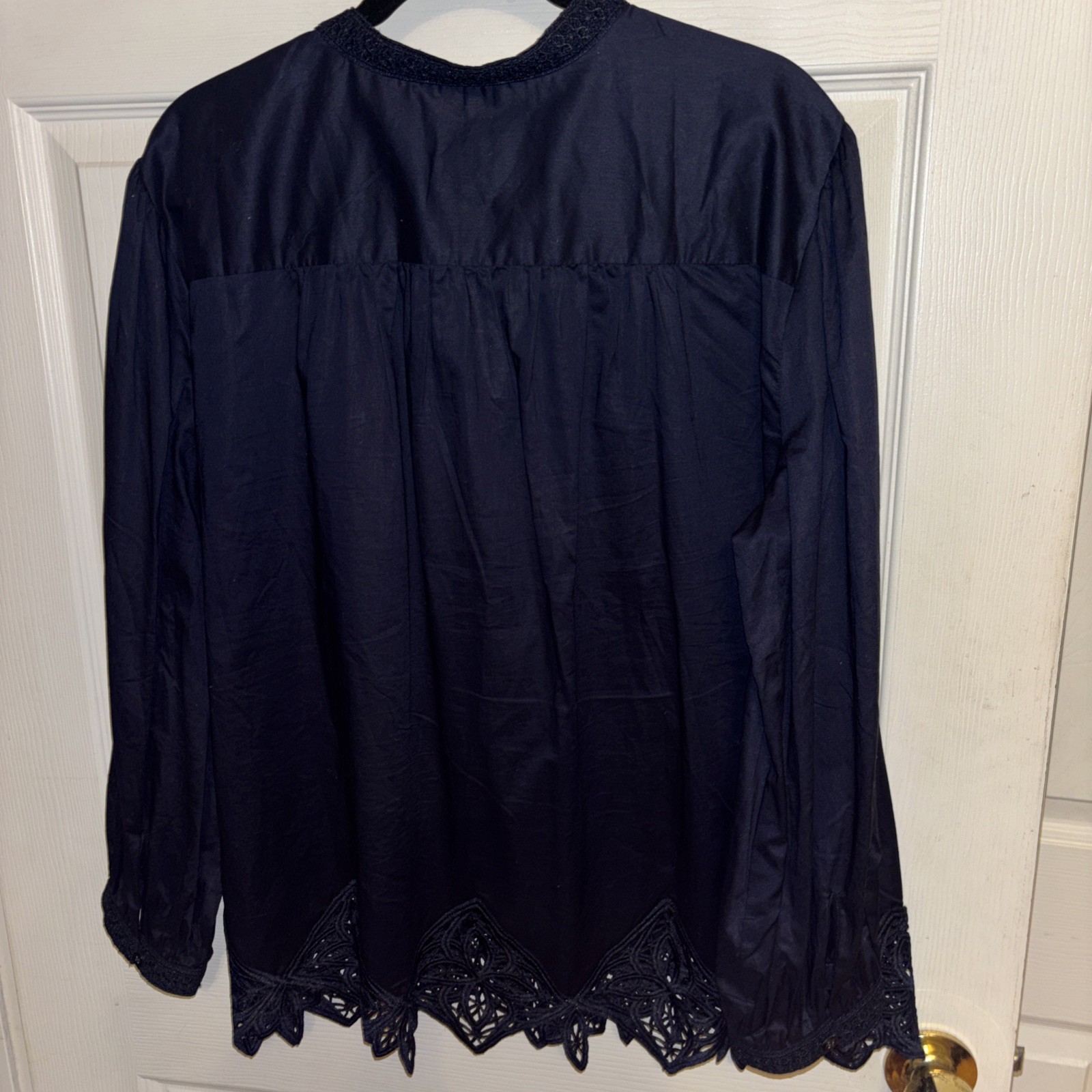 Chico’s Sz 3.5 = 18 Navy Blue Lace Trim Tunic Blouse Boho Top