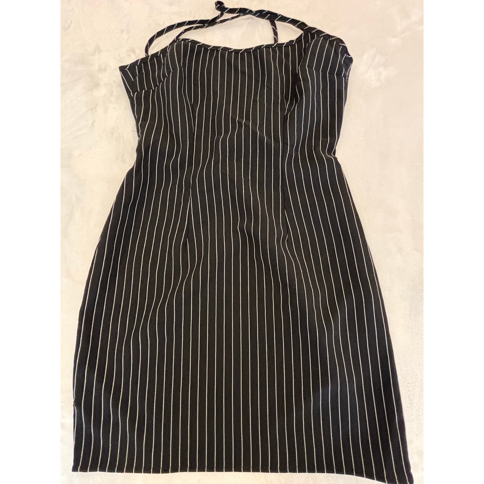 H&M Divided Pinstripe Halter Mini Dress Black White Open Back Small