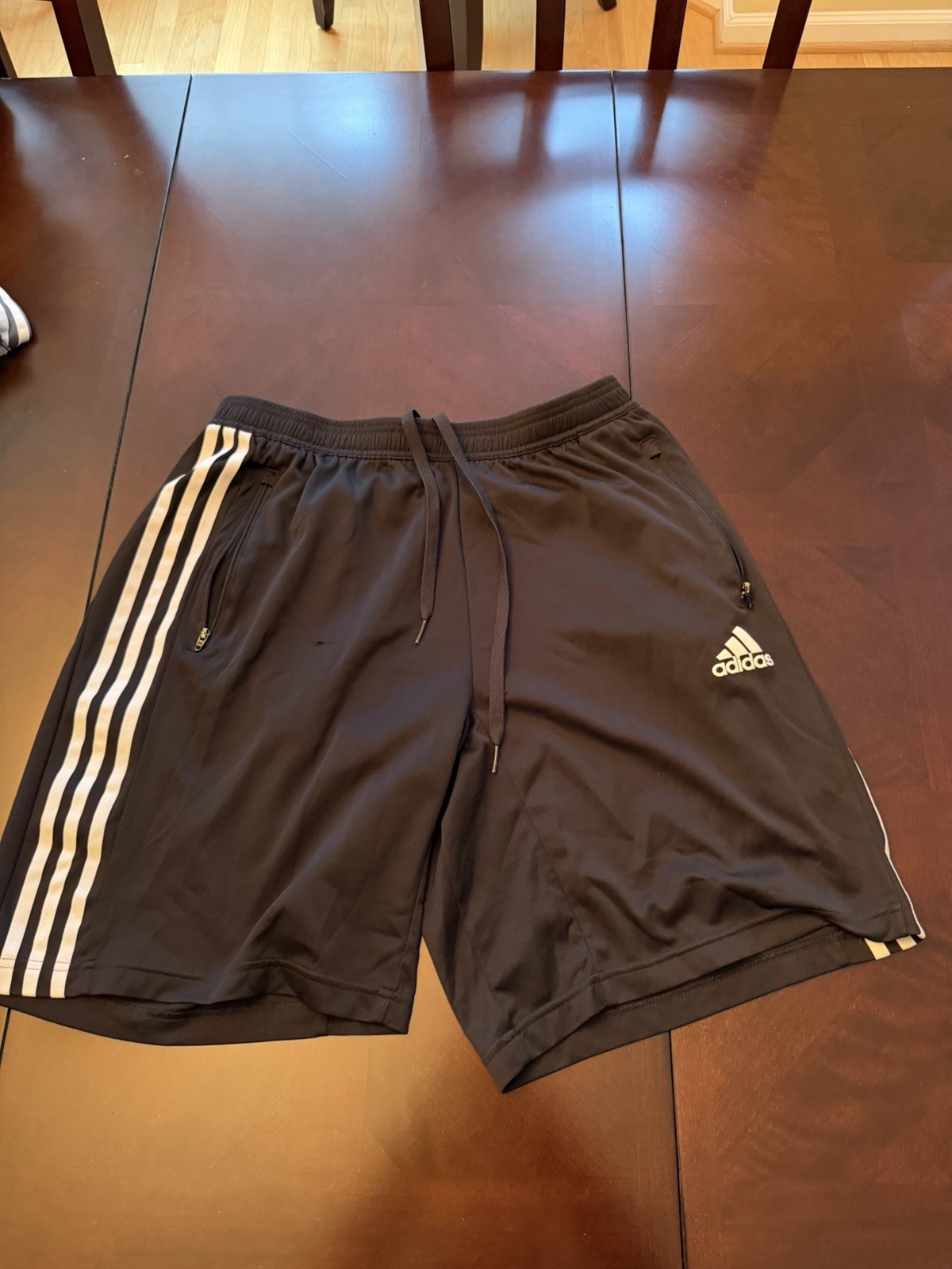 adidas Men’s Size L Black/White 3-Stripes Athletic Shorts Drawstring Pockets