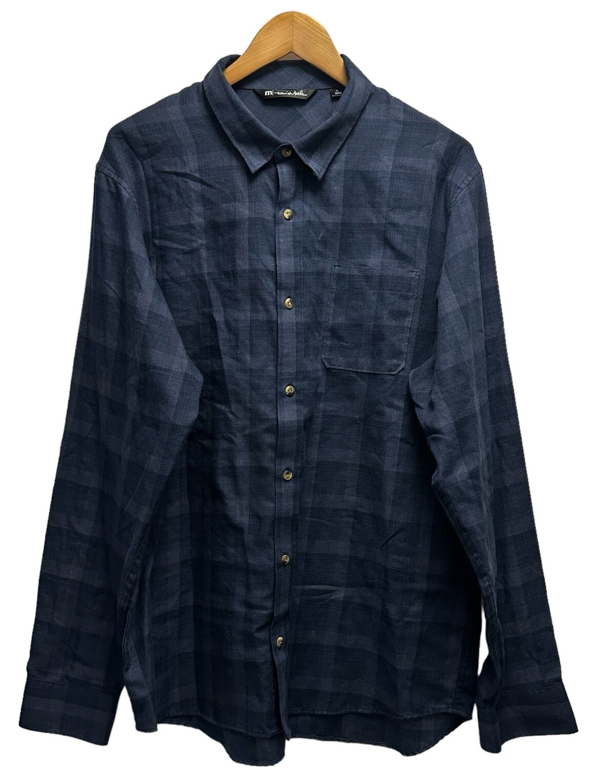 Travis Mathew Mens Size XL Button Front Shirt L/S Blue Plaid Polyester/Rayon euc