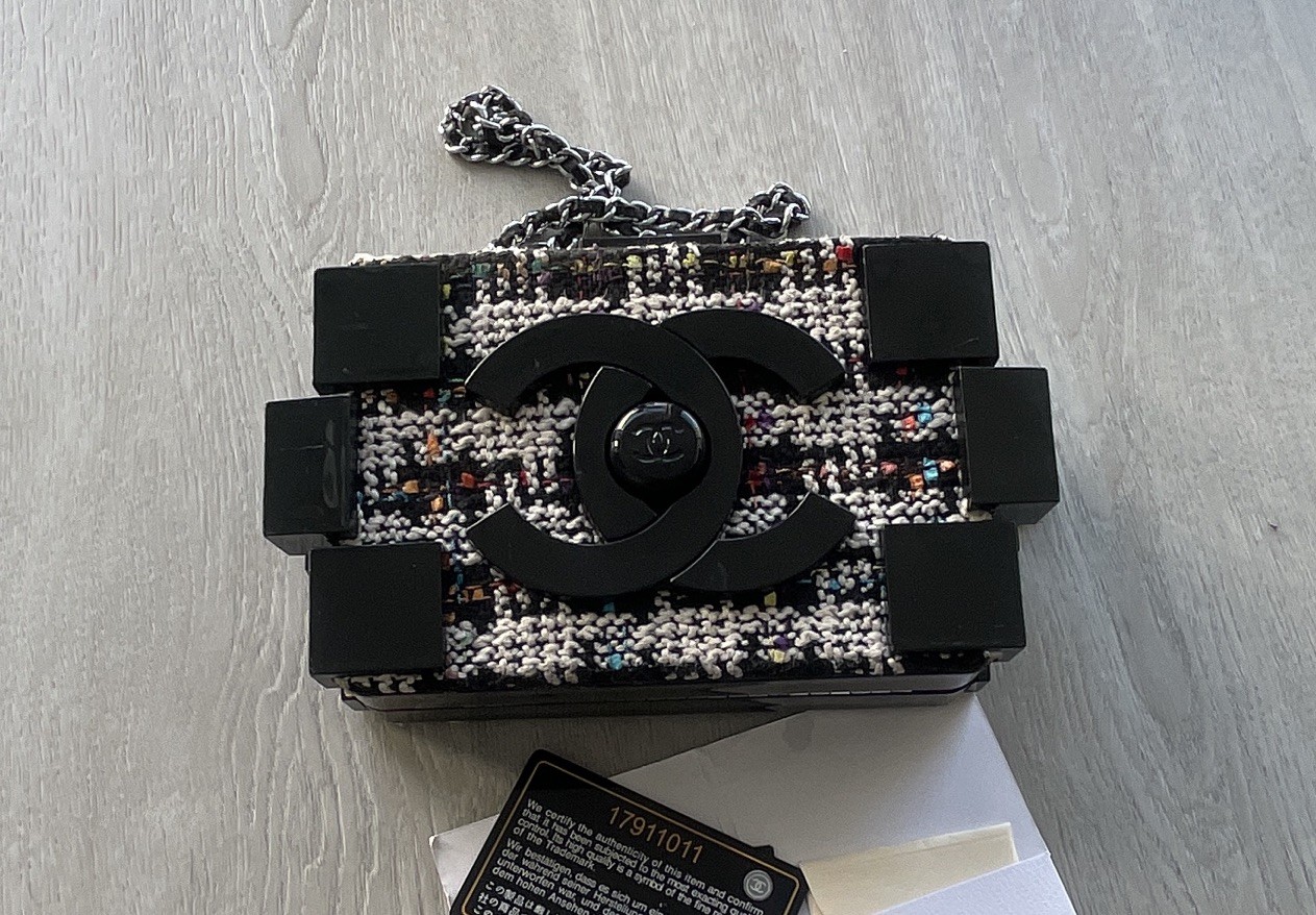 CHANEL Lego Tweed Box Flap Chain Shoulder Bag Turn Lock Black/White Multicolor
