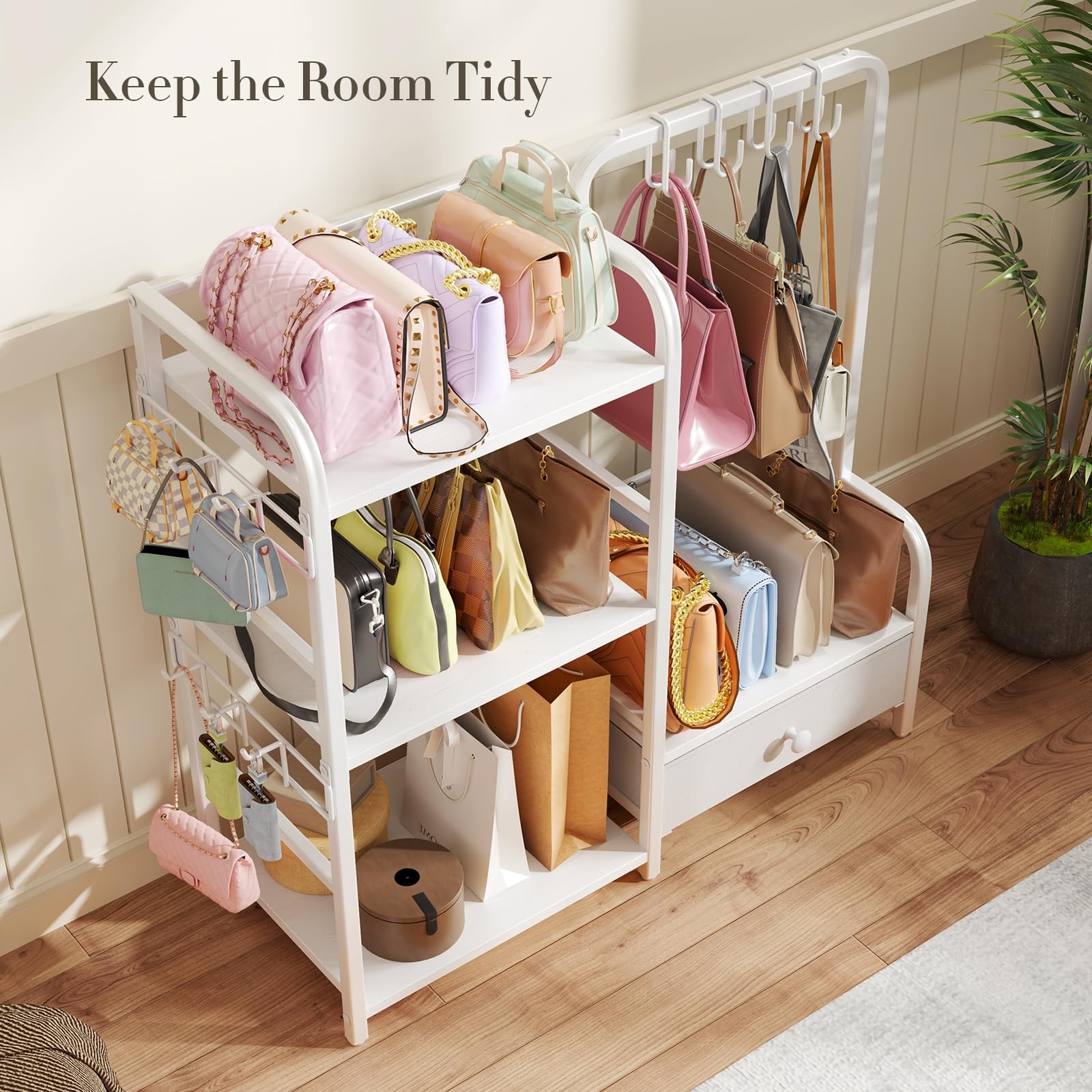 Purse Organizer for Closet, with Bottom Drawer, Extra Large Capacity 3 Tier H…