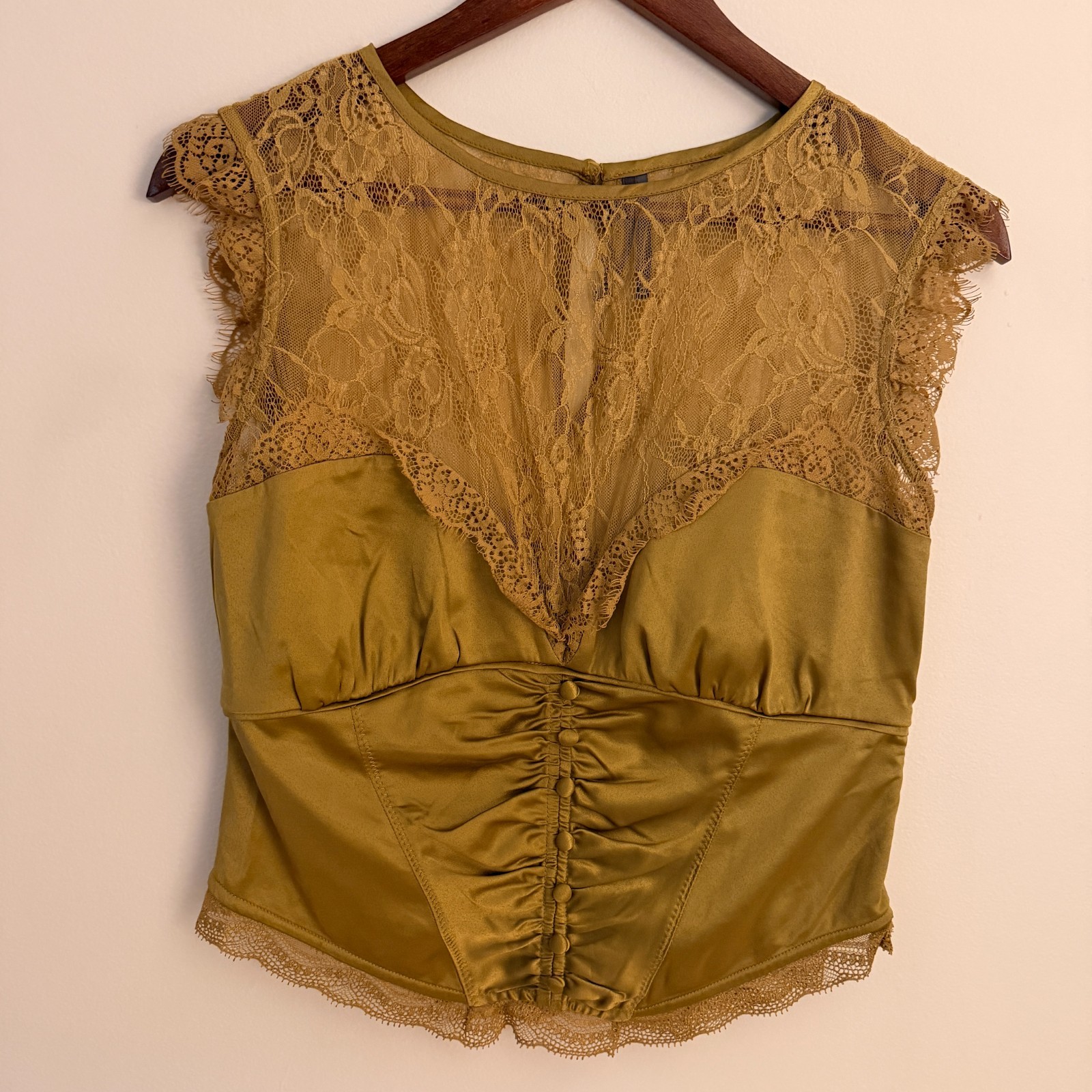 By Anthropologie Olive Green Lace Cap Sleeve Top, Size S Excellent Condition