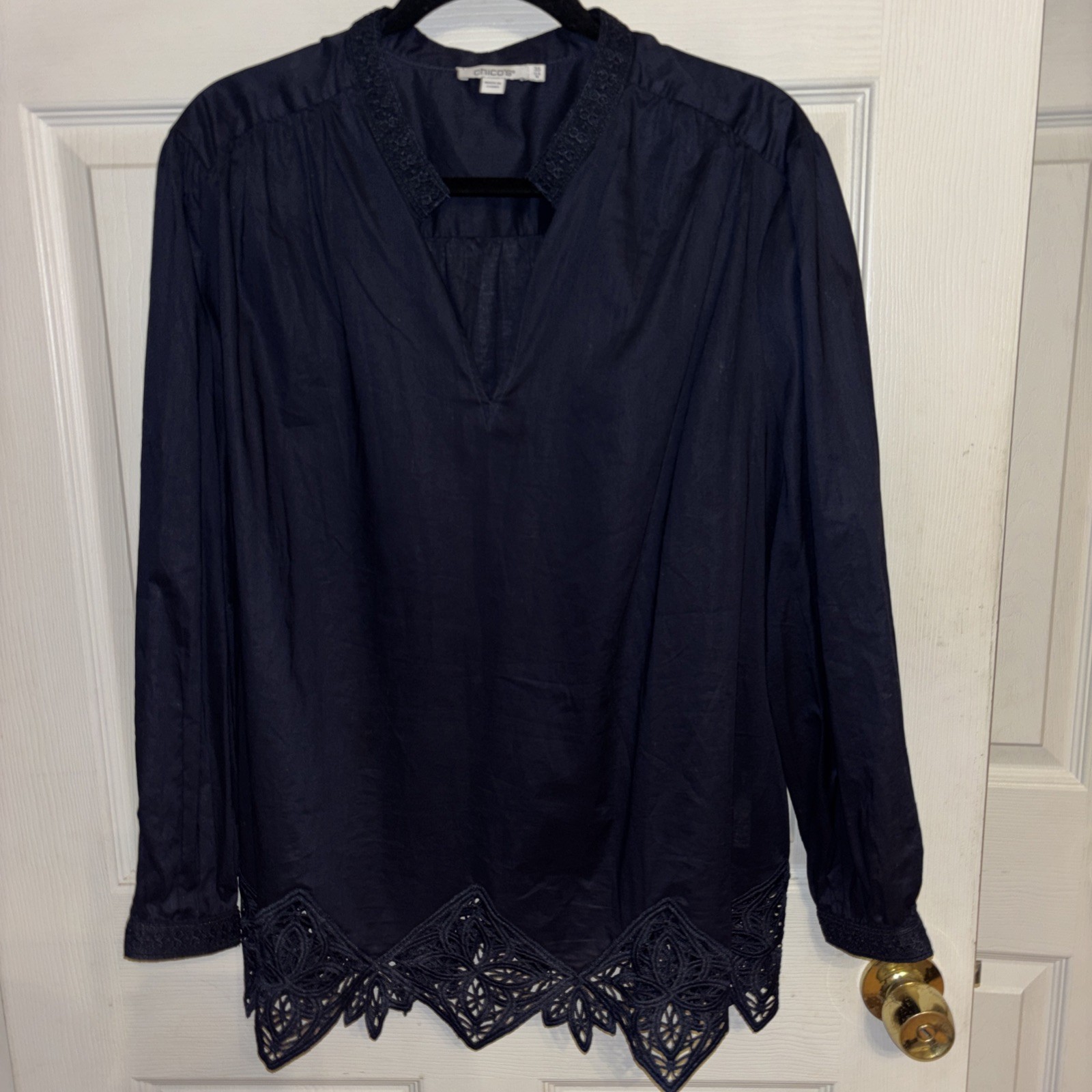 Chico’s Sz 3.5 = 18 Navy Blue Lace Trim Tunic Blouse Boho Top