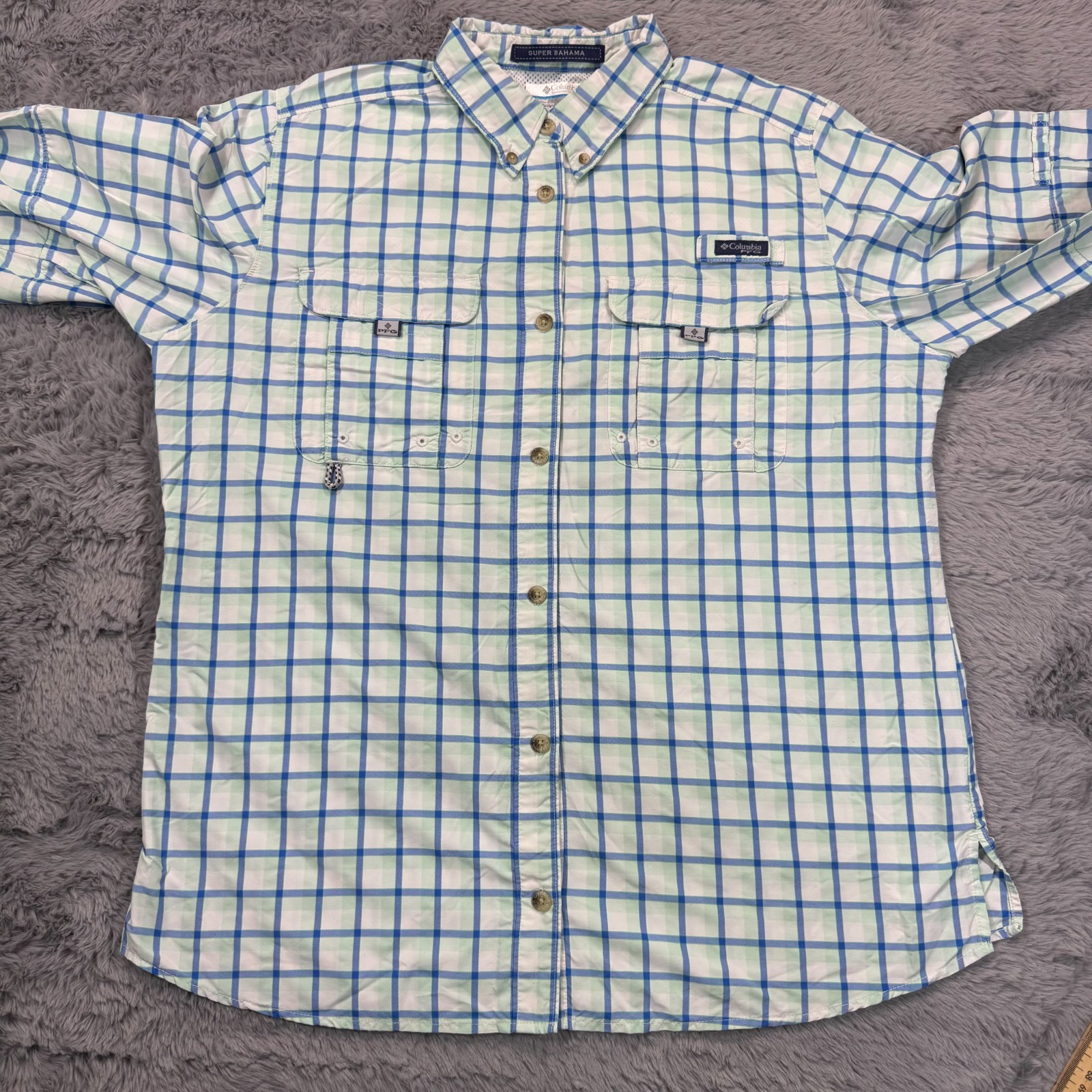 Columbia PFG Super Bahama Button-Down Shirt Women’s L Green Plaid Nylon Fishing
