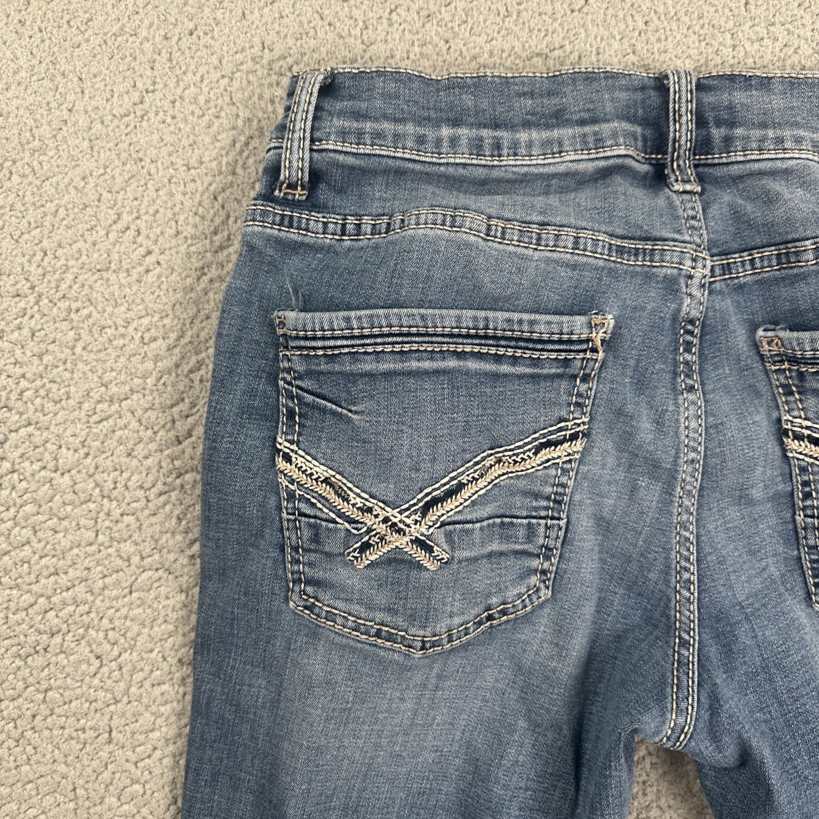 BKE Buckle Alec Slim Straight Jeans Men 32×32 Blue Stretch Whiskered Distressed