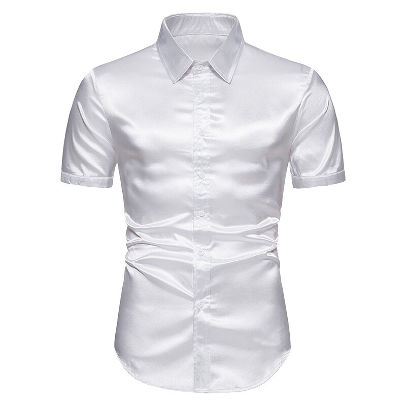 Men Faux Silk Satin Glossy Tops Short Sleeve Shirt Fit Button Stage Costumes Top