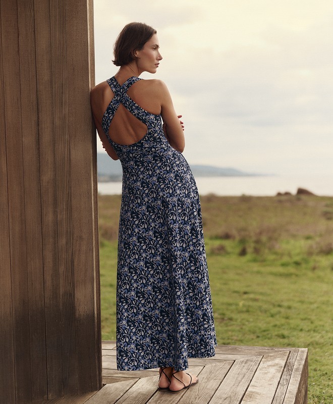 PACT Organic Fit & Flare Open Back Maxi Dress Paradise Petals Navy Blue
