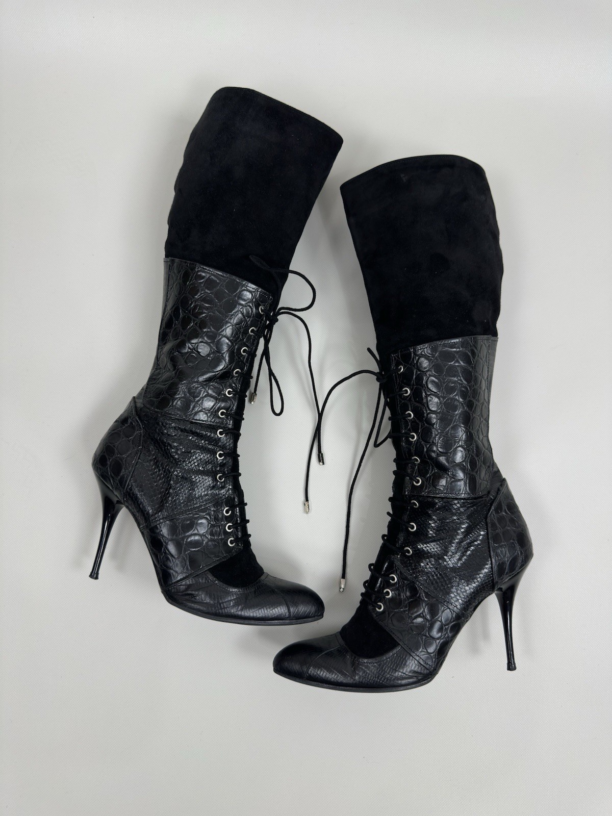 Cesare Paciotti Women’s Black Leather Boots Size 40 EU Lace Up Stiletto Heel