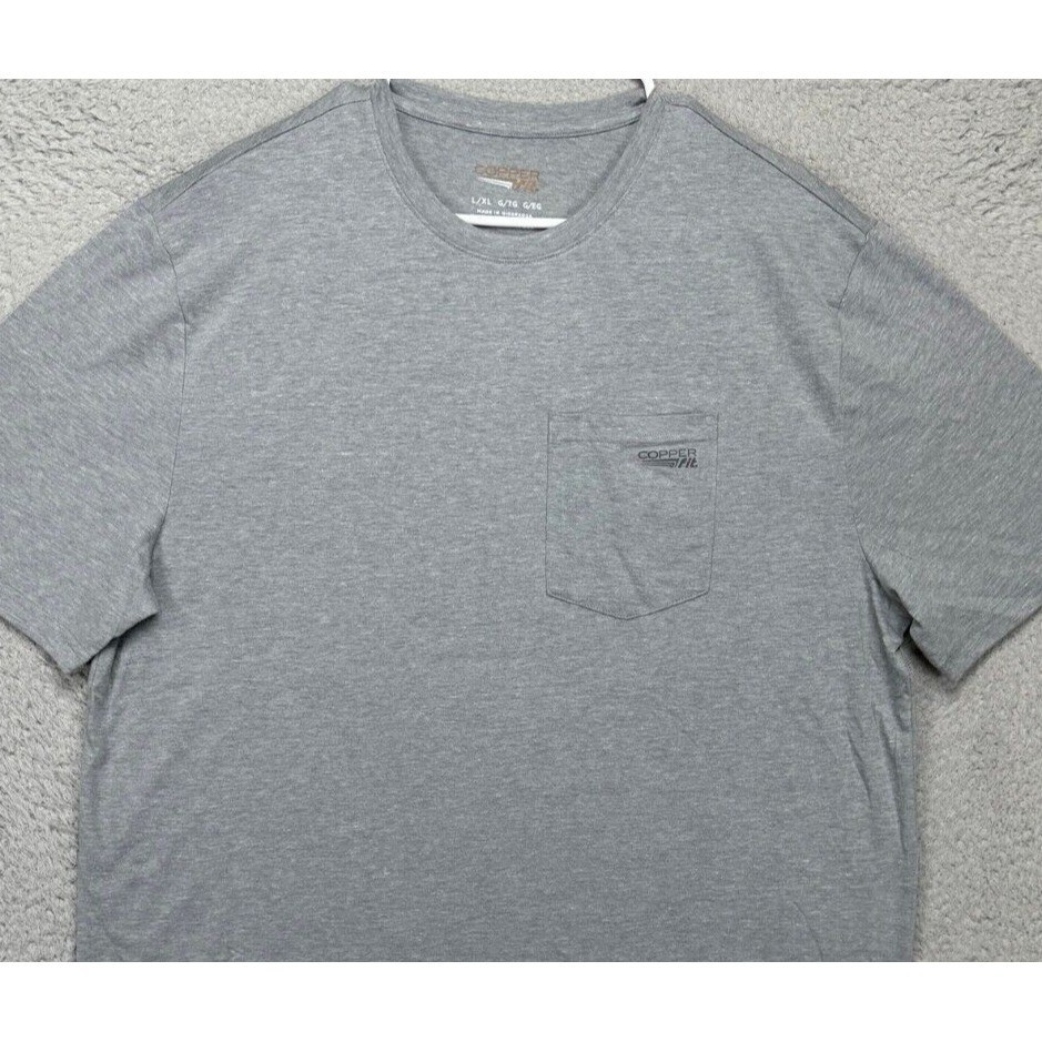 COPPER FIT T-Shirt Mens Large-XL Grey Pocket Tee Crew Neck Short Sleeve Logo EUC