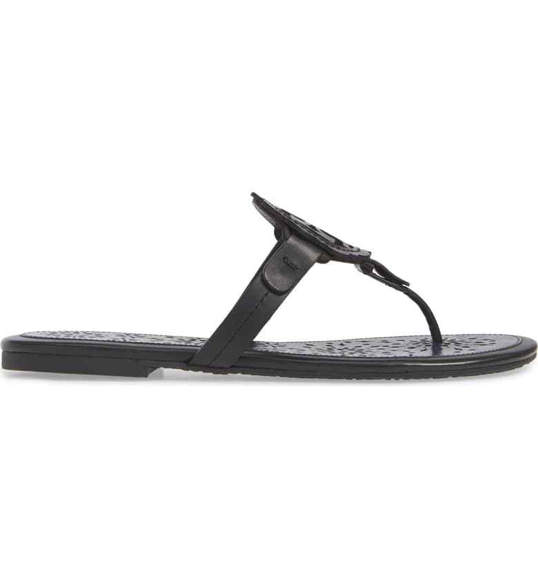 NIB Tory Burch Miller Leather Scallop Logo Flat Sandal Thong Black $228