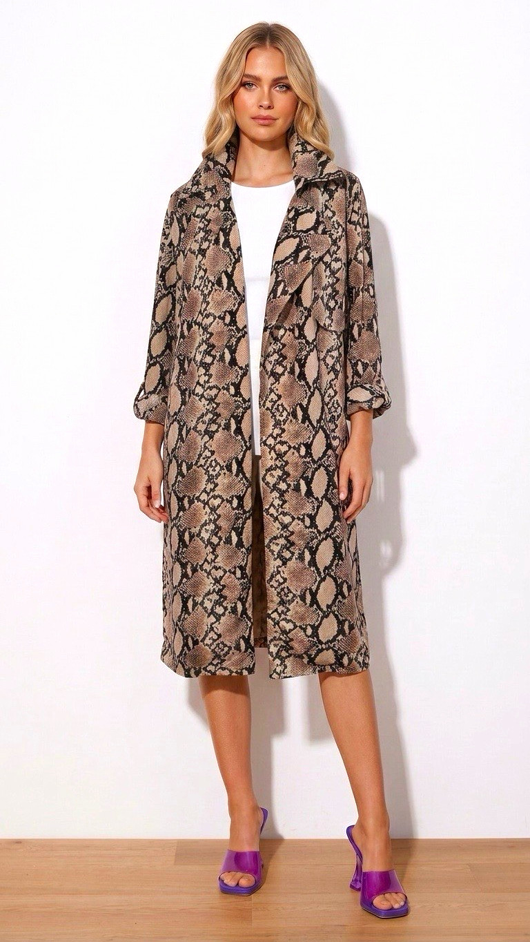 Lulus Snakeskin Print Long Open Front Lightweight Unlined Collared Coat S