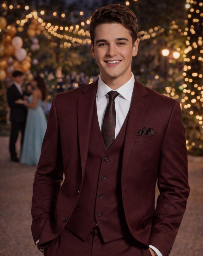 Burgundy 3Pcs Men’s Suits Notch Lapel Coat Wedding Dinner Party Jacket Blazer