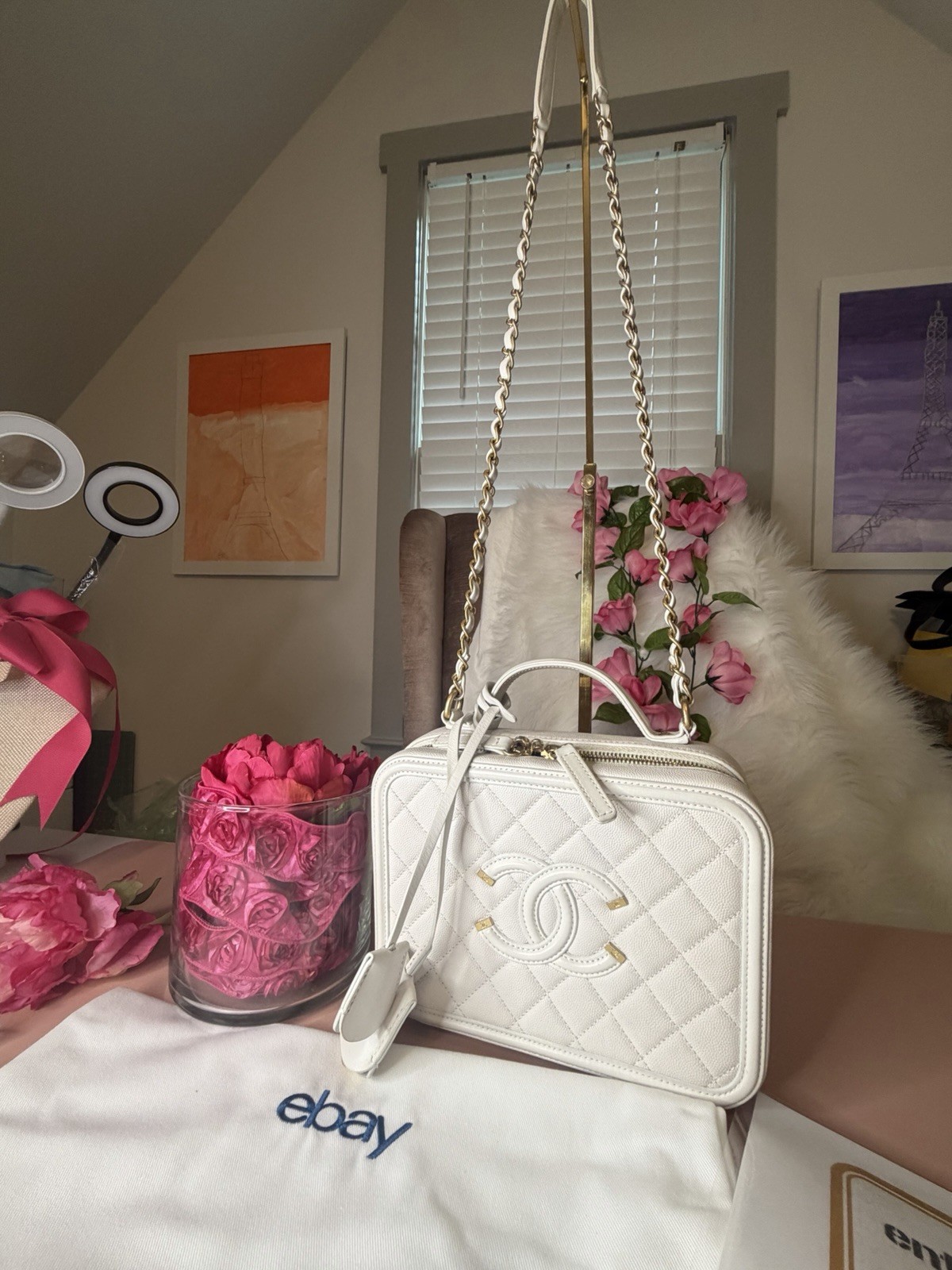 Authentic Chanel CC Filigree Vanity Case White Caviar Gold Hardware COA ICONIC