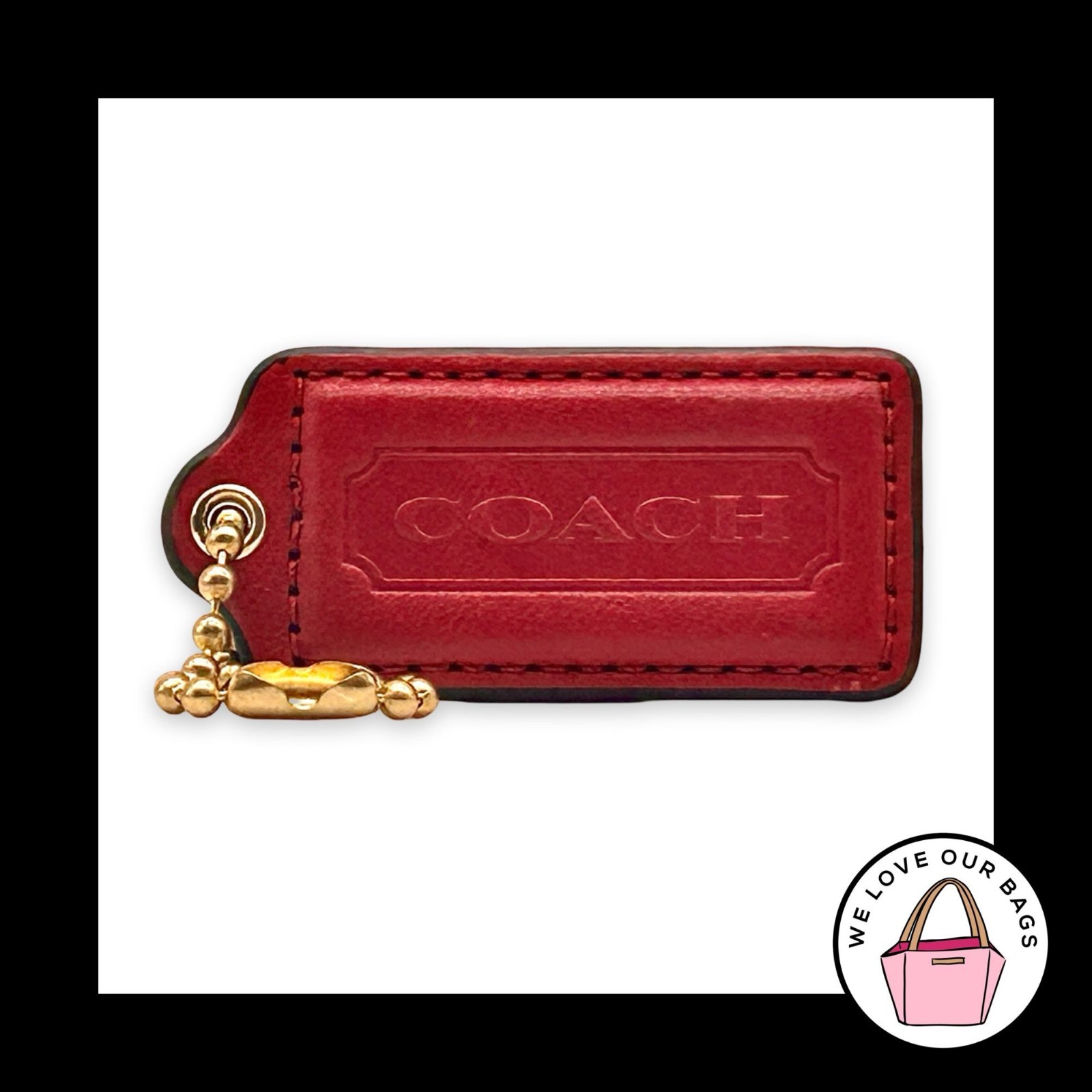 COACH HANG TAG 2.25″ Red Bag Charm Keychain Fob Leather Brass Large