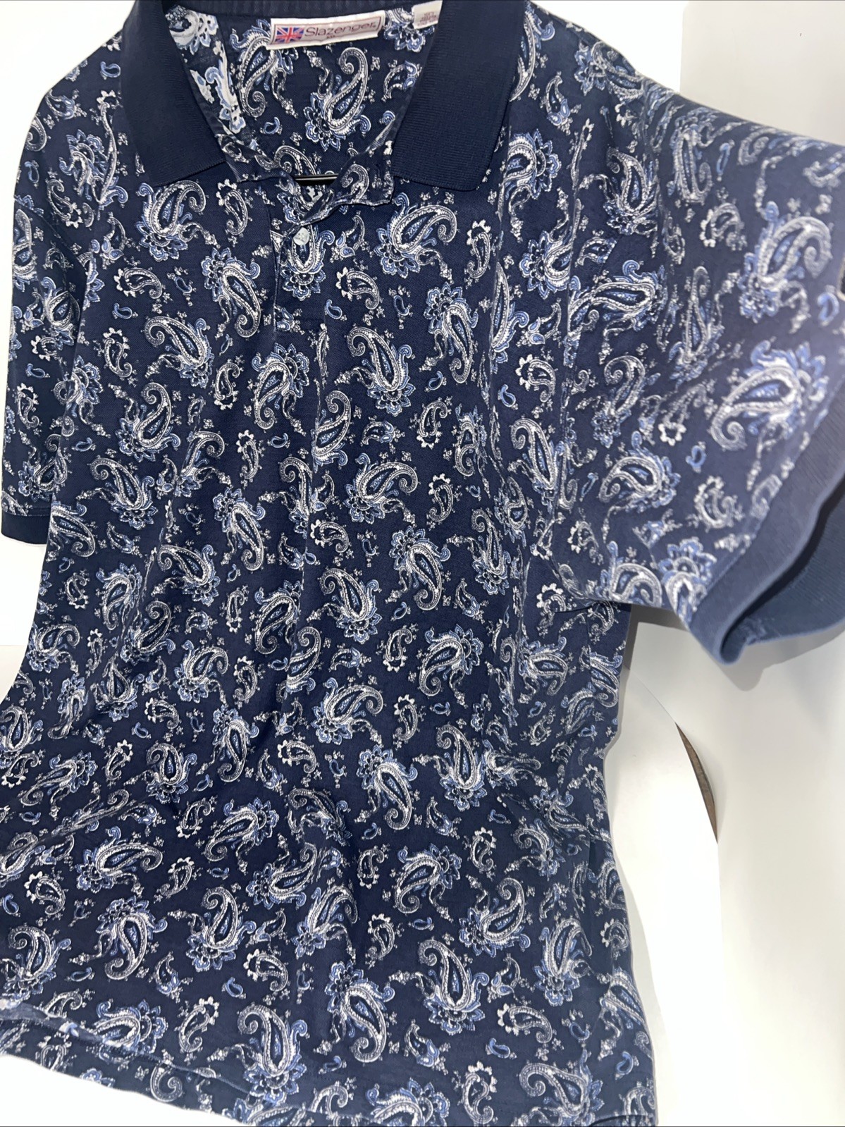 VTG Slazenger polo shirt Navy Blue With White And Blue Paisley Pattern XXL
