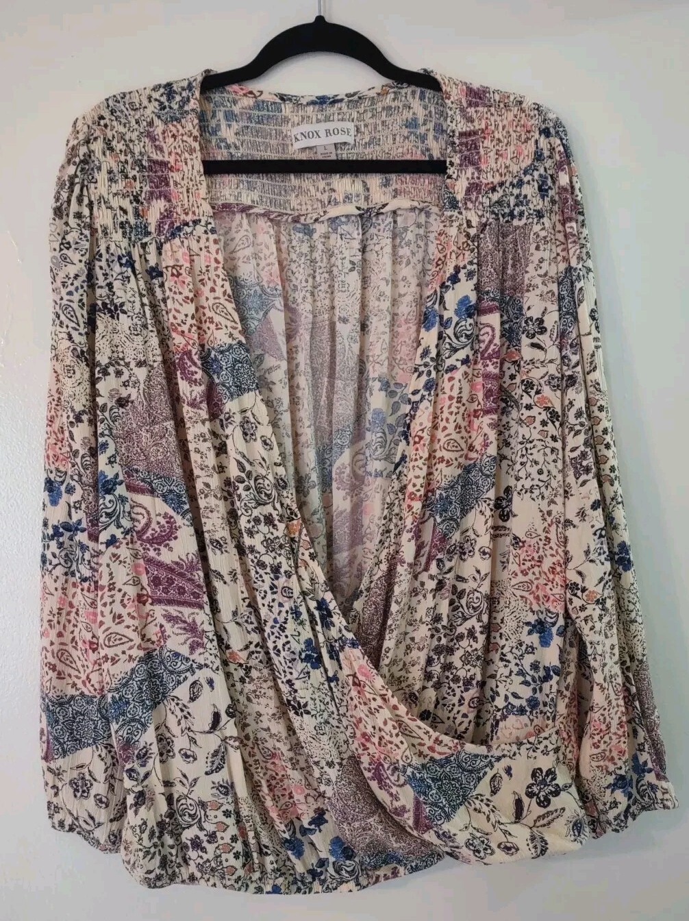 Knox Rose Womens L Blouse Floral Boho Peasant Wrap No Closure Elastic Hem &Cuffs