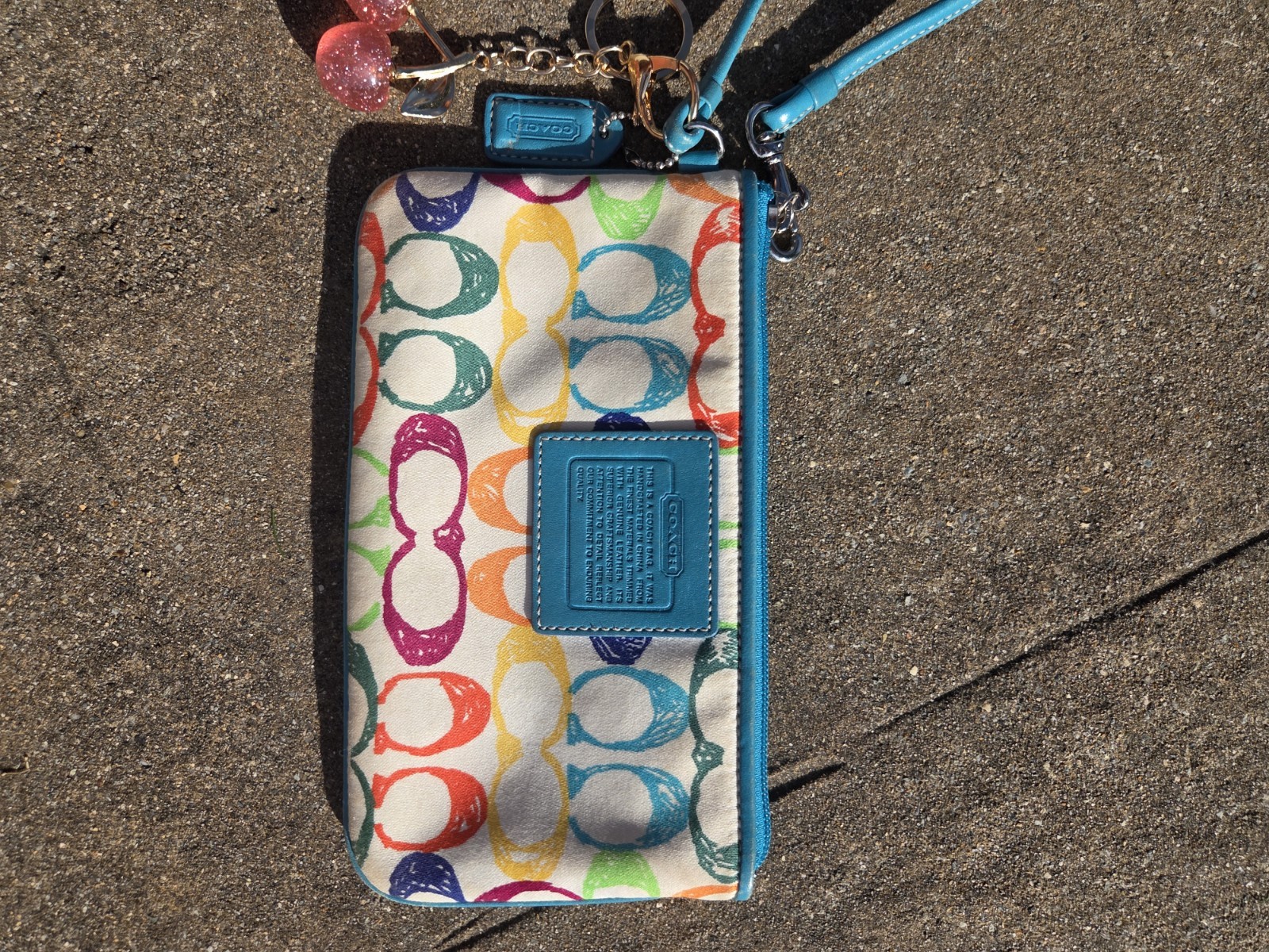 Vintage Y2K Coach Hampton Scribble Wristlet Teal Multicolor + Cherry Charm 🍒
