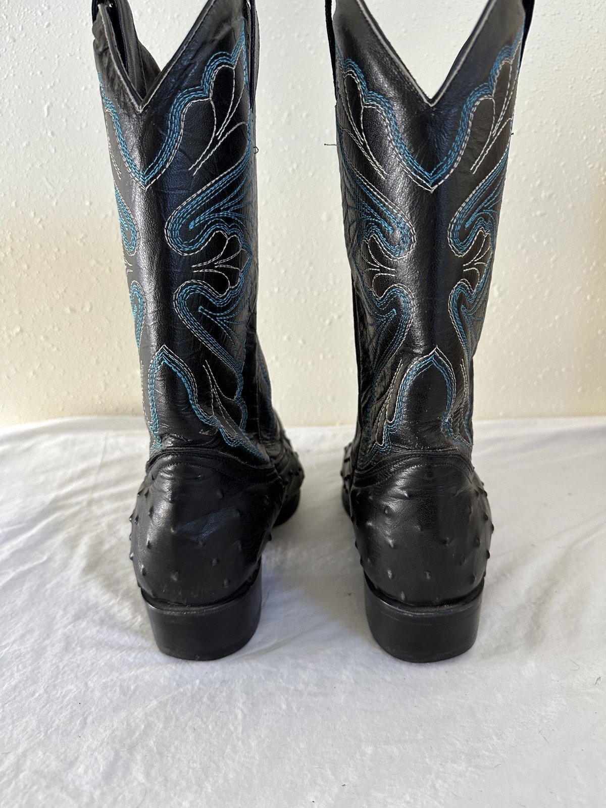 John Davis Cowboy Boots Black Ostrich Embossed Blue Butterfly Stitching W 9 M 7