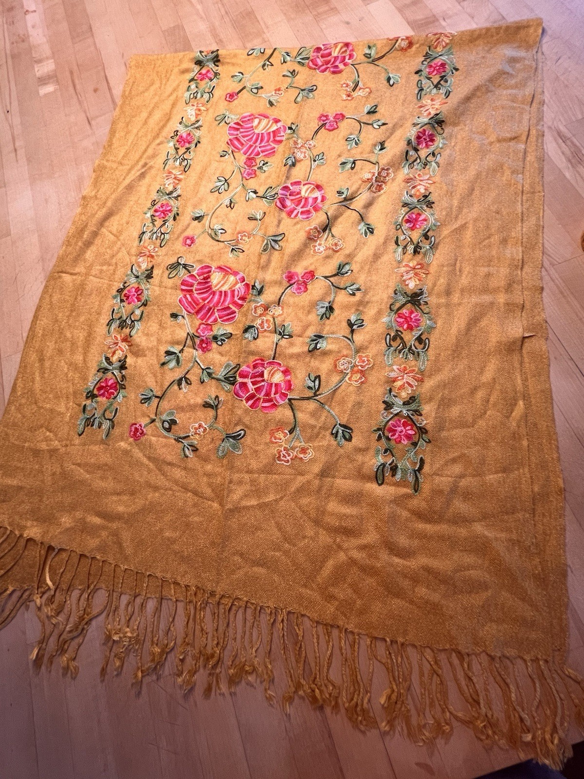 Gold Floral Embroidered Light Wool Wrap Scarf 26” X 66.5” Fringe