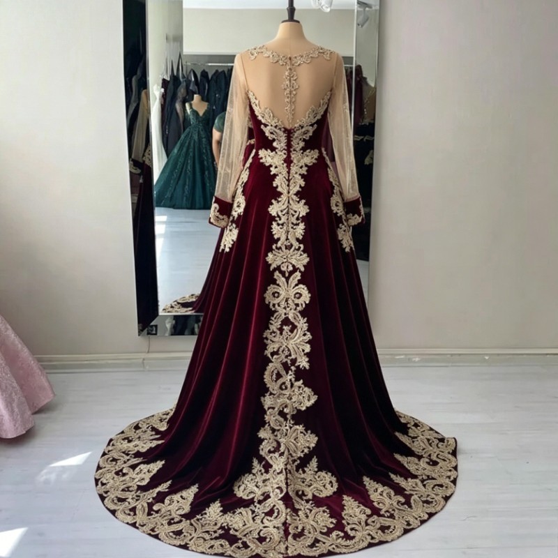 Burgundy Kaftan Evening Dresses Appliques Detachable Algerian Wedding Party