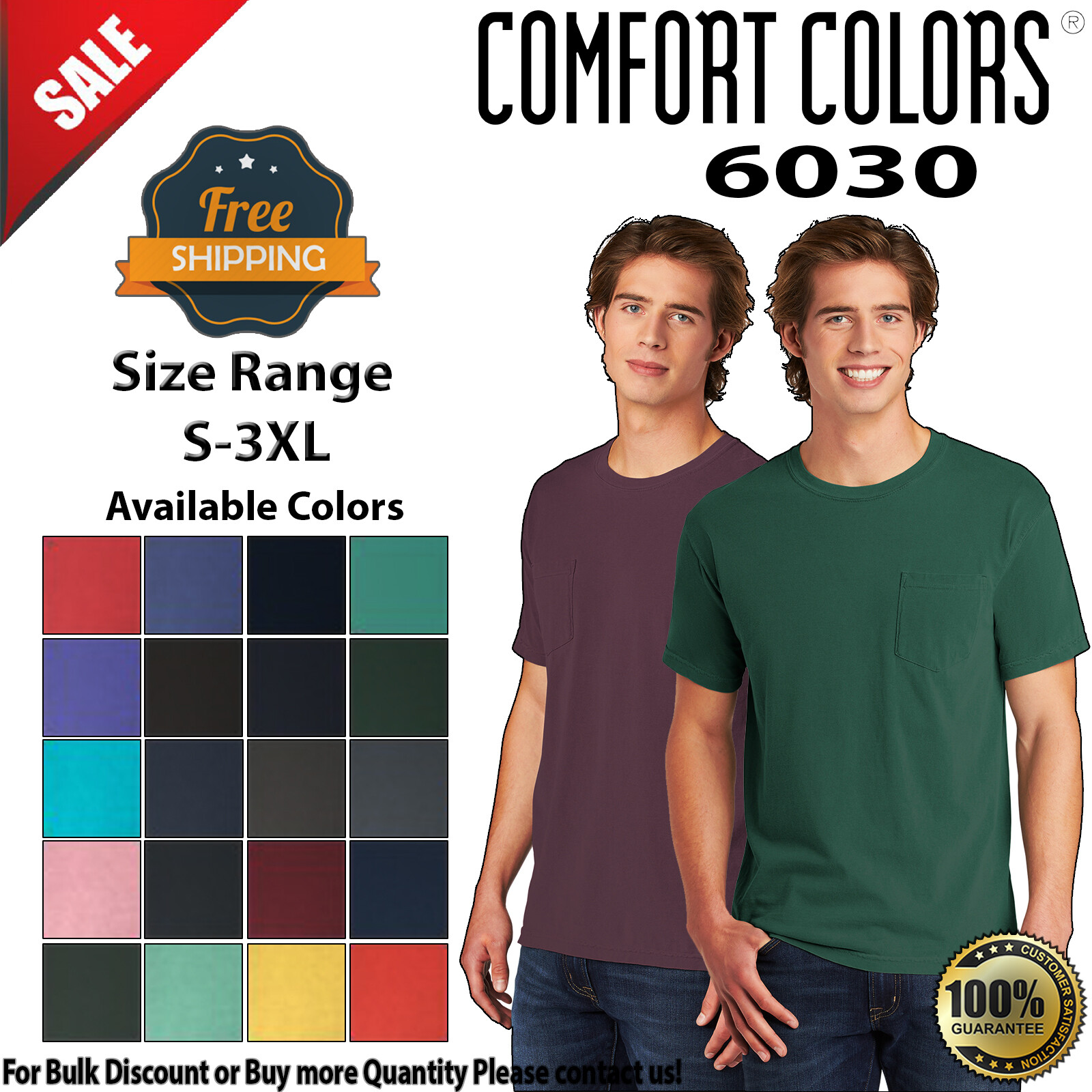 COMFORT COLORS 6030 Mens Short Sleeve Heavyweight Crew Neck T-Shirt With Pocket