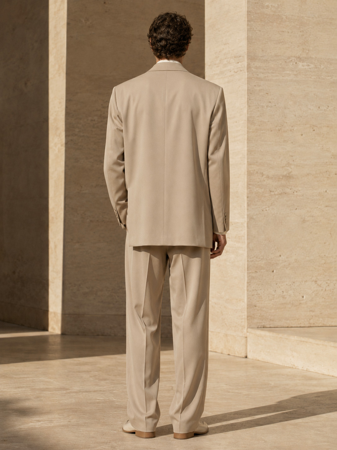 Mens Beige Double Breasted 2 Piece Suit Oversized Blazer Wide Leg Pants Wedding