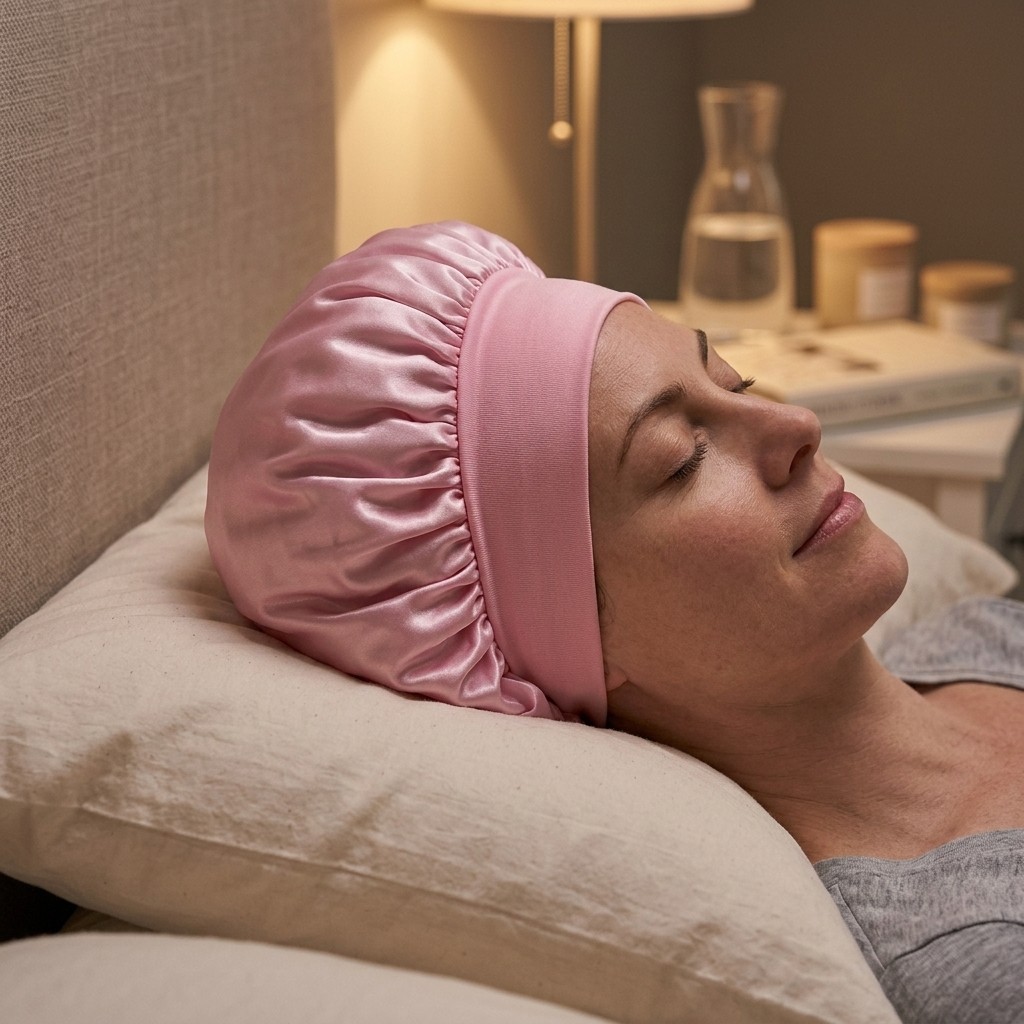 Pink Satin Hair Bonnet Adjustable Polyester Hair Protect Cap for Sleeping