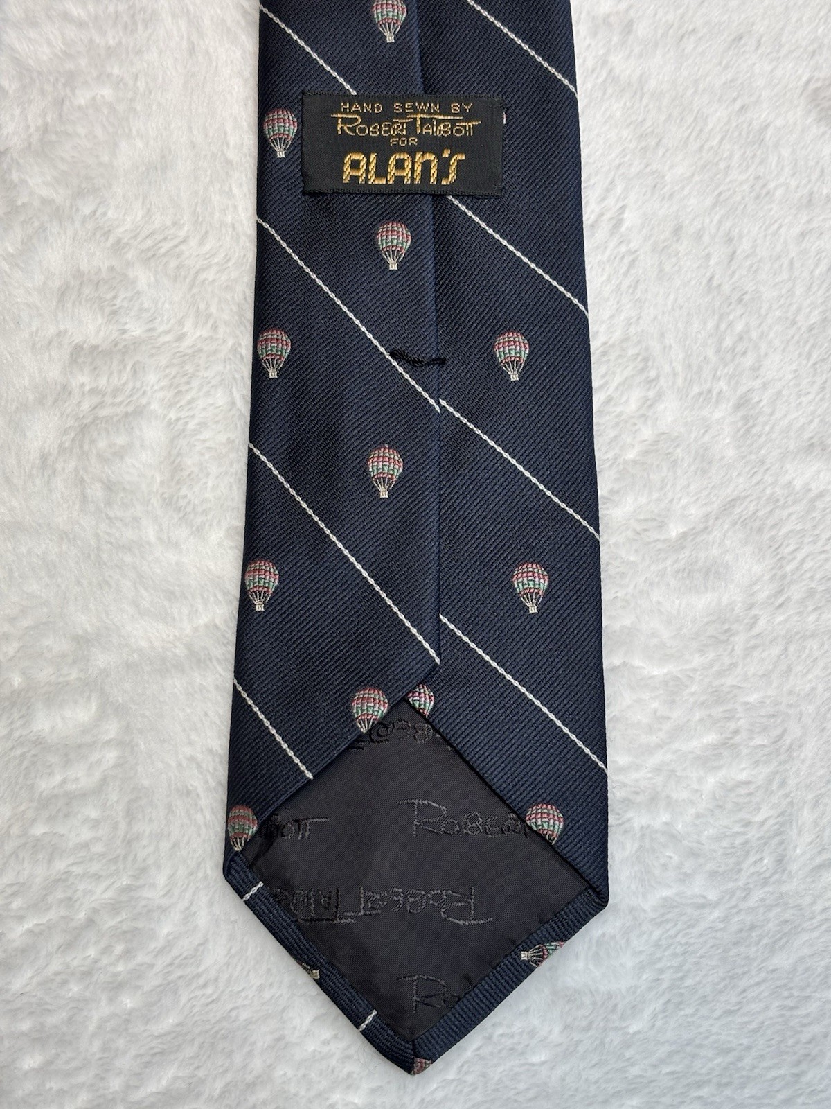 Robert Talbot Hand Sewn Necktie Silk Vintage Navy Blue Hot Air Balloon England
