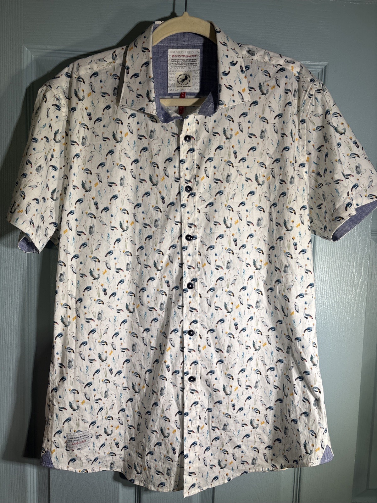 A Fish Named Fred Tropical Birds Short Sleeve Cotton Button Down Shirt XL
