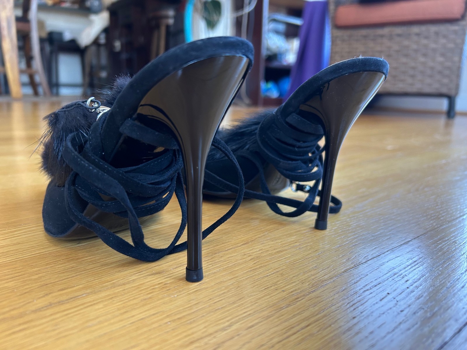 CESARE PACIOTTI Black Suede Pom-Pom Fur Tassels Sandals SZ 7.5 IT 37.5 Excellent